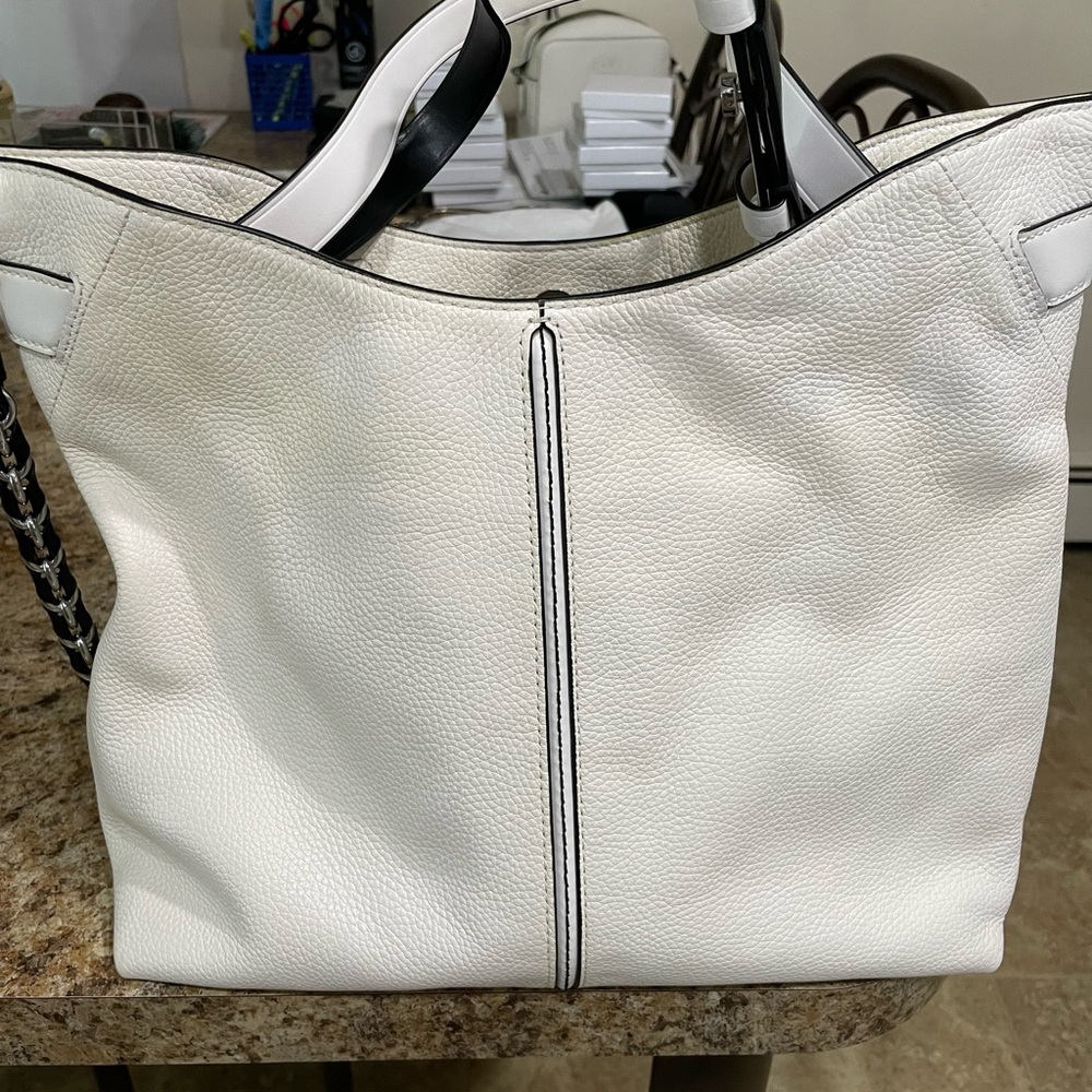 Michael Kors White Pebbled W/Black Leather Chain Large Satchel Bag - Picture 2 of 16